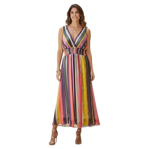 Chaudry Kc Dresses & Skirts - Chaundry KC XL Multicolor Sheer Stripe V-Neck Maxi